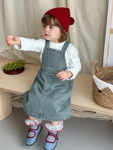 DAZY Baby Girls Solid Color Washed Casual Korean Style Denim Jumpsuit Dress Fall,Winter Toddler Girls Clothes - Blue - View 1