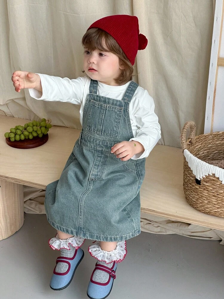 Baby Girls Solid Color Washed Casual Korean Style Denim Jumpsuit Dress Fall,Winter Toddler Girls Clothes