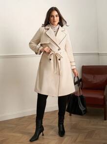 SHEIN Clasi 大码女款撞色饰边及膝风衣 - 杏色 - 查看 3