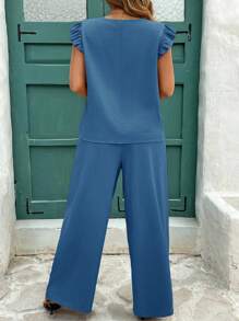 SHEIN Clasi 2 件套女士加大码卡其色泡泡褶皱喇叭袖衬衫和阔腿松紧腰裤套装，优雅的春夏套装 2 件套女士套装女士套装女士两件套女士两件套女士套装女士休闲、商务休闲女士