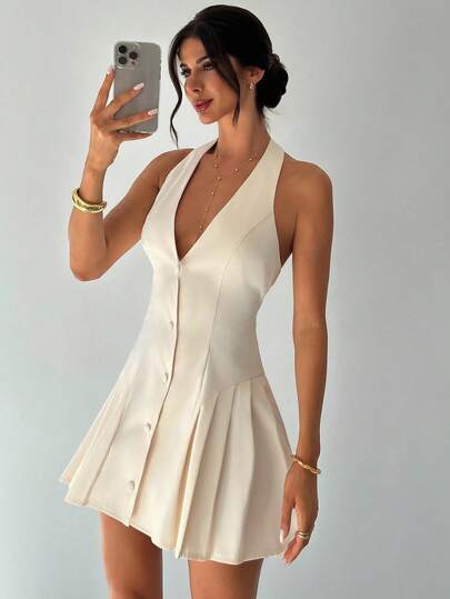 Firerie 女士优雅简约精致通勤办公室时尚日常翻领褶饰纽扣迷你连衣裙，杏色