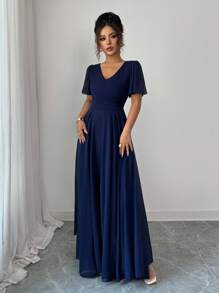 Elenzga Ruffled Sleeve Waist Cinched V-Neck A-Line Minimalist Elegant Romantic Sophisticated Women Dress - Navy Blue - View 4