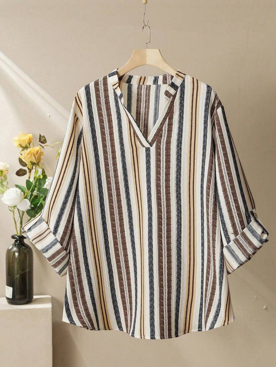 Lacomfia Plus Size Women's Casual Striped Print V-Neck Blouse, Fashionable And Elegant Casual Autumn And Winter Shirt, Perfect As A Gift For Mother