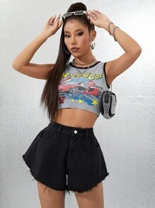 SHEIN Tall Casual Wide Leg High Waist Black Denim Shorts - Black - View 5