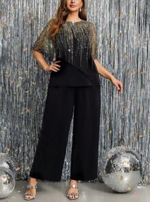 Gownix Plus Size Women Elegant And Romantic Anti-Sequin Printed Top And Wide Leg Pants 2 Pieces Set,Old Money Style Women,Business Casual Woman,Teacher Outfits For Women,Teacher Outfits For Women,Back To School Clothes,Office Outfits For Women,Lounge Sets For Women,Work Clothes Women,Button Up Shirt Women,Teacher Shirts,Work Outfits For Women,Teacher Outfits,Work Pants,Modest,Classy,Work Tops,Set For Wedding Guest,Wedding Guest Set,Wedding Guest Set Elegant,Mother Of The Bride Set,Wedding Guest,Formal Set For Wedding Guest,2025 New,Fall Clothes For Women,Winter Clothes For Women,Fall Clothes Plus Size ,Winter Clothes,Autumn, Winter Outfit For Women,Night Out,Going Out Outfit , Old Money Style Women,Suitable For Multiple Occasions,Halloween, Homecoming,Christmas,Business Casual Woman,Business Casual Outfits Women,Business Casual Woman Curve, Teacher Clothing, Business Commuting,Halloween,Christmas,2025 New - Black - View 4