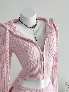 Elamini 2pcs Casual Versatile Tight-Fitting Cable Cable Knit Sweater Set Fall Winter Cloth For Women - Pink - View 6
