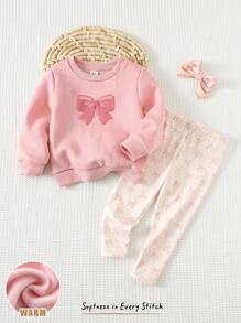 Cozy Pixies 2pcs Baby Girl Bow Knit Soft Round Neck Long Sleeve Pullover Sweatshirt And Elastic Waist Leggings Set Fall Winter