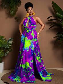 Maweii Váy maxi hở lưng in họa tiết nhuộm loang dành cho nữ cỡ lớn - Nhiều màu - Xem 6