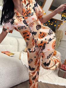 SHEIN 万圣节主题印花仿丝短袖睡衣套装 - 黃色 - 查看 3