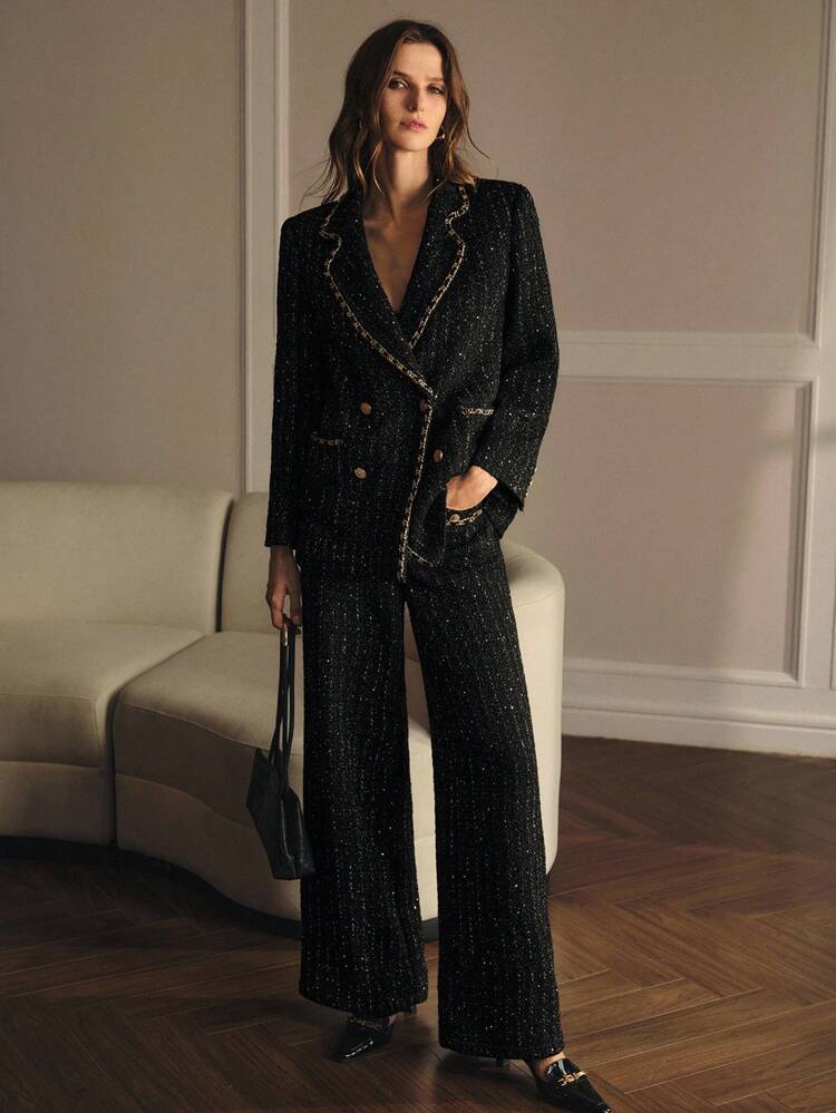TWEED SEQUINS CHAIN TRIM WIDE LEG PANTS
