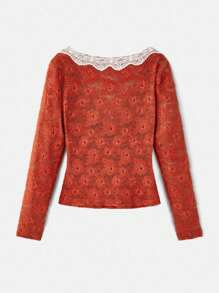 lacRébo Áo ren tay dài cổ chữ V viền ren tương phản cho nữ mùa thu trở lại trường - Rỉ Nâu - Xem 8