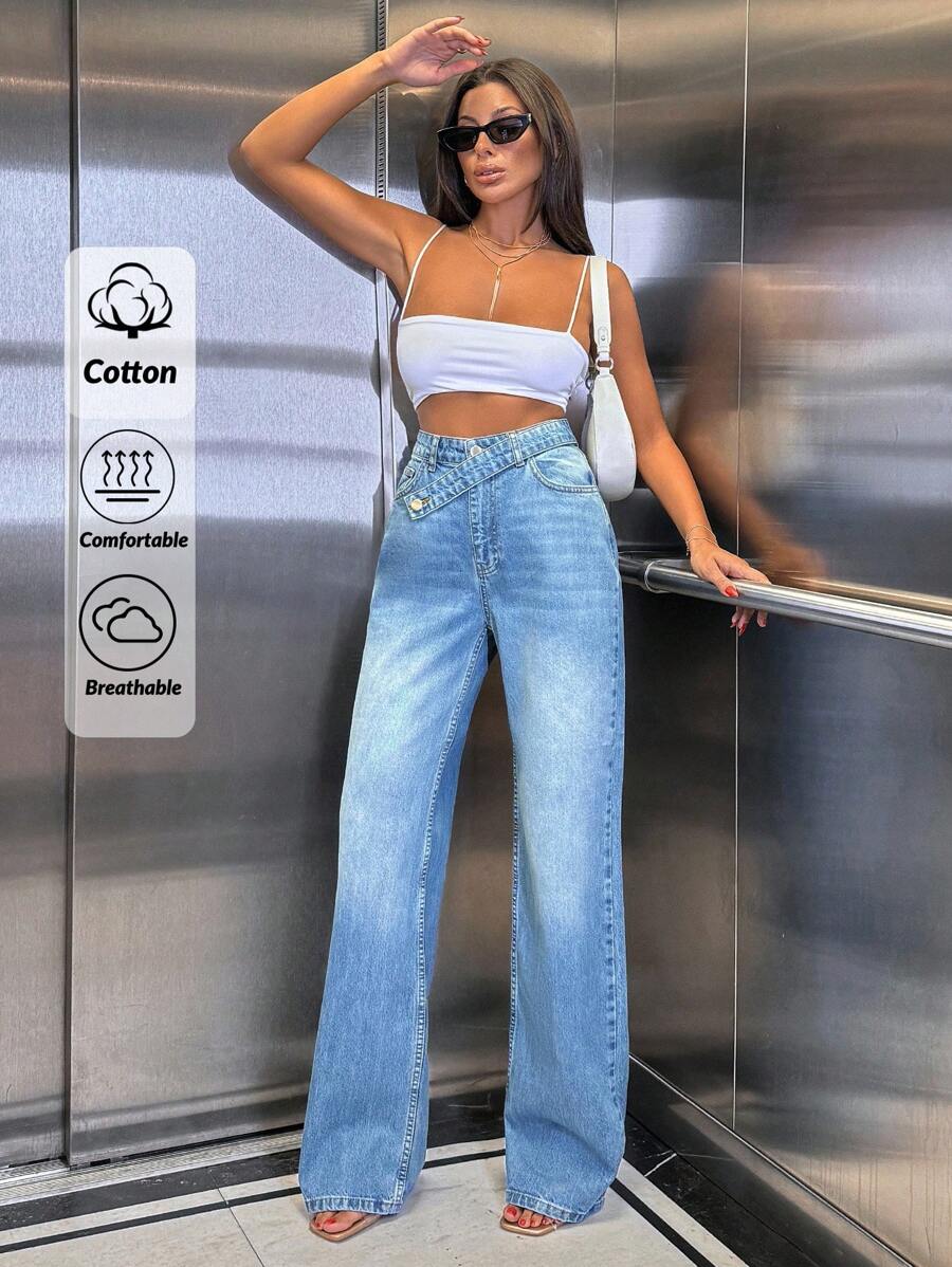 EURMUSE 100% Cotton High Waist Asymmetric Belt Wideleg Jean - Medium Wash - View 1