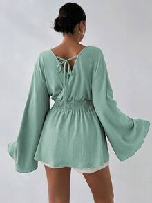 SHEIN LUNE VCAY女士深V領後綁帶聚集腰部特殊夏季面料上衣 - 綠色 - 查看 2