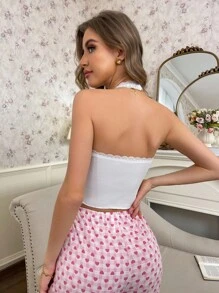 SweetSlumber Sweet Ins Style Cherry Print Lace Panel Halter Neck Ladies Sleepwear Top - White - View 2