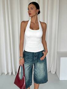 Siren Gaze 女士休闲露背短款上衣，紧身圆领，带衬垫，内置胸垫，胸杯，胸垫可拆卸衬垫，胸垫不可拆卸衬垫，丁字紧身胸衣上衣，胸罩紧身胸衣上衣，紧身胸衣上衣，纯色褶皱衬垫吊带背心 - 白色 - 查看 3