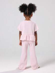 SUMWON Girls Two Piece Plisse Co-Ord Set With Ruffle Peplum Top And Flared Pants Casual Summer Holiday Beach Party Outfit Matching Set - Pink - View 2