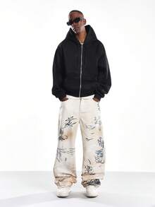 SUMWON 白色牛仔裤涂鸦艺术印花宽腿超大街头风格时尚裤手绘抽象设计艺术街头时尚秋冬