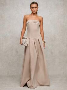 SHEIN BAE Women's Elegant Beige Tube Top Maxi Dress,Summer Dining Umbrella Skirt,Khaki Long Party Dresses For Women,Autumn Winter Christmas New Year Clothes - Khaki - View 1