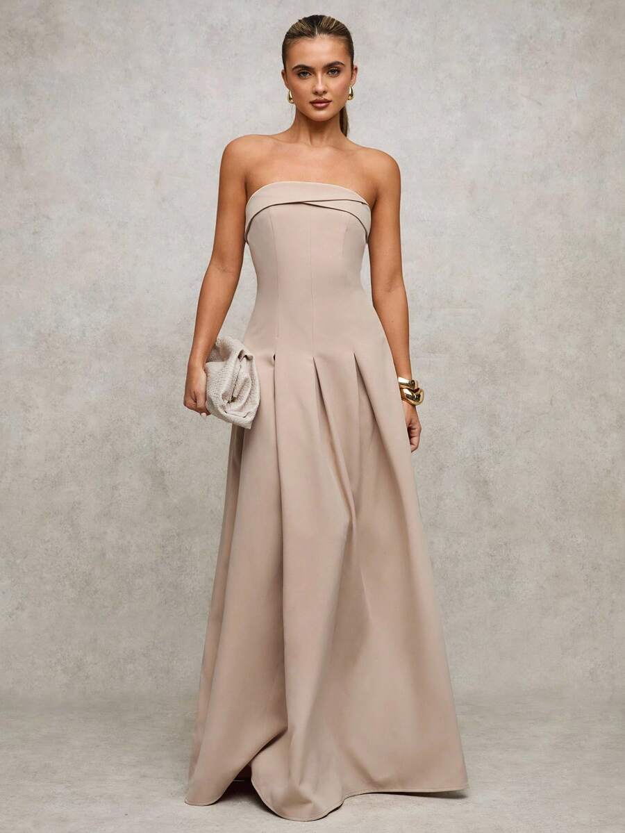 SHEIN BAE Women's Elegant Beige Tube Top Maxi Dress,Summer Dining Umbrella Skirt,Khaki Long Party Dresses For Women,Autumn Winter Christmas New Year Clothes - Khaki - View 1