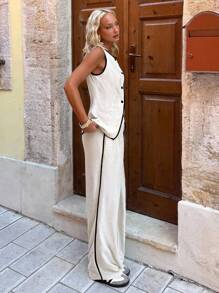 SHEIN EZwear 女式秋季新款亚麻拼色修身西装套装 - 杏色 - 查看 5