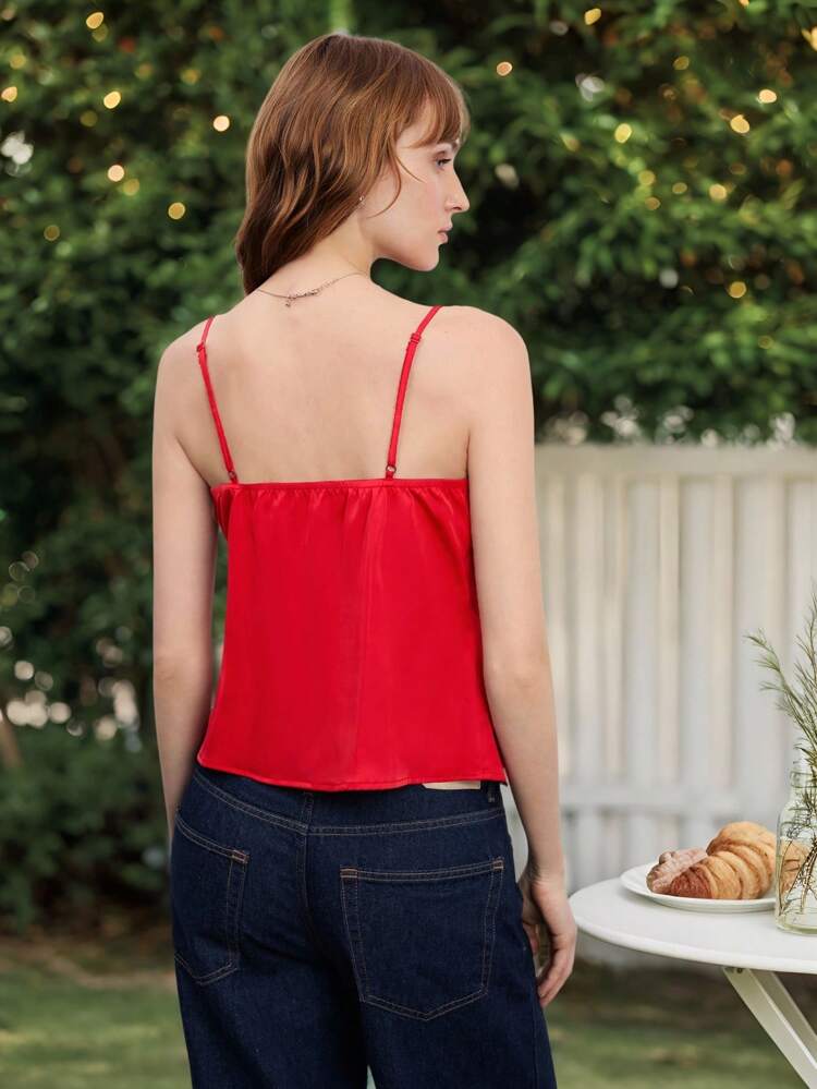 SHEIN Maija Women's Solid Color Front Tie Casual Fashion Red Camisole Top