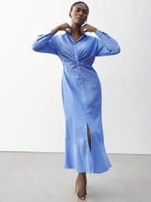 Maija 女士夏季度假打结腰部衬衫领单排扣褶皱腰设计经典蓝色长袖连衣裙，适合音乐节和复活节 - 藍色 - 查看 4