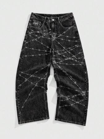 ROMWE Avant Men's Loose Fit Thorn Print Pocket Wide Leg Jeans