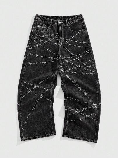 Street Life Jeans décontractés à jambe large avec poche et imprimé épine pour hommes, coupe ample