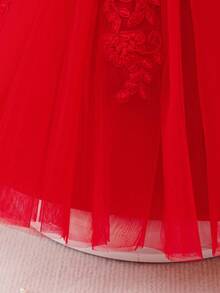 Glamorique Kids 女婴红色刺绣蕾丝边长袖缎面网眼礼服，圣诞节、万圣节、派对、生日、高端公主裙 - 紅色 - 查看 5