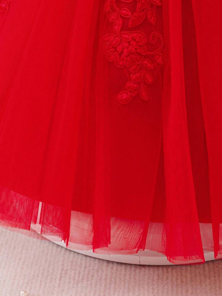 Glamorique Kids 女婴红色刺绣蕾丝边长袖缎面网眼礼服，圣诞节、万圣节、派对、生日、高端公主裙 - 紅色 - 查看 5