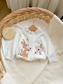 SHEIN Cardigan a maglia a manica lunga con bottoni singoli, con ricamo di conigli cartoni animati e fiori, con volant, per neonata