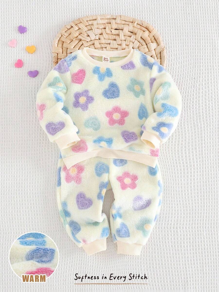 Cozy Pixies 两件套女童碎花印花保暖内衬圆领长袖卫衣和松紧腰九分裤 - 彩色 - 查看 1