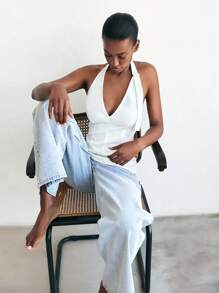 Maija Áo hở lưng màu trơn gợi cảm cho nữ, mùa hè - trắng - Xem 4