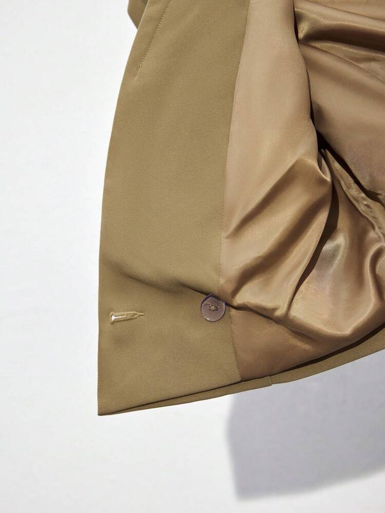 SHEIN Maija Khaki Color Double-Breasted Short Blazer, Casual Work Versatile, Autumn/Winter, Festival