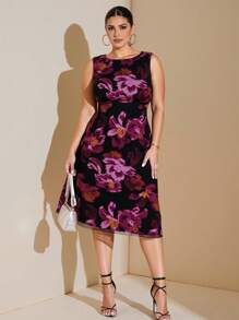 SHEIN BAE Plus Size Women Spring Summer Black Mesh Floral Print Elegant Mid-Length Bodycon A-Line Dress/Cocktail Skirt/Summer Dresses/Formal Dresses For Women/Fall Wedding Guest Dress Curve/Club Outfits Women Sexy/Teacher Outfits Plus Size/Halloween Plus Size/Halloween Clothes/Airport Outfit For Ladies/Western Women Outfits/Back To School/Birthday Dresses For Women/Plus Size Dresses/Holiday Women Outfits/Rave Outfits/Off Shoulder/Elegant Dress,Homecoming Dress