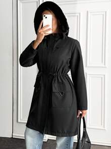 EURMUSE Parka d'hiver avec capuche bordée de fausse fourrure, col montant, poches zippées multiples, taille ajustable et fermeture à boutons-pression devant. Vêtement d'extérieur chaud et pratique - Noir - Voir 5