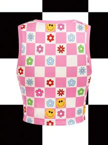 Y2Kool themindfulbutterflyy 女士粉色格纹花朵图案吊带背心 可爱上衣 Y2k Y2k 服装 女士上衣 独立美学上衣 卡哇伊上衣 Y2k 休闲上衣 - 粉色 - 查看 2