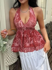Sunnyshic Camiseta sin espalda con cuello de halter, lazo y estampado de paisley de malla, para vacaciones de verano de mujer - Rojo - Ver 6