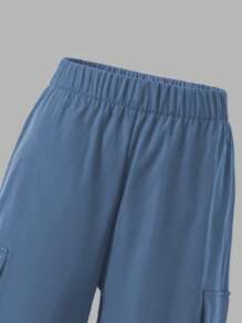 SHEIN ChillGRL 2 件女童字母印花连帽卫衣 + 绿色工装裤休闲街头装，秋冬 - 藍色 - 查看 5