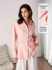 Graceveil قميص نسائي بتصميم خصر مربوط بالدانتيل وأكمام طويلة ضيق المقاس باللون الوردي - وردي - مشاهدة 2