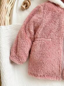 SHEIN 女婴可爱百搭粉色毛绒保暖连帽外套，秋冬季婴儿毛绒外套，婴儿毛绒外套，女婴冬季外套，女婴保暖服，幼儿毛绒外套 - 粉色 - 查看 3