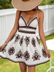 KARISMINA 女式复古印花无袖连衣裙，春夏 - 棕色 - 查看 6