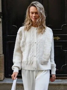EURMUSE Cardigan à col rond en tricot torsadé avec volants et ornements de perles - Nude - Voir 4