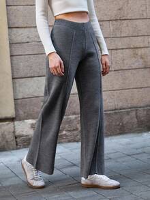 EURMUSE High-Waisted Knit Grey Pants Women With Center Seam Detail And Elasticated Ribbed Waistband Flare Leggings High Waist Pants Flared Pants Bell Bottom Pants Wide Leg Pants - Dark Grey - View 3