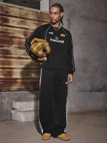 PAVTROS Manfinity Streetrush 2pcs/Set Men's Sporty Stylish Casual Long Sleeve Sweatshirt And Loose Sweatpants Outfit Men 2 Pieces Set Black Street Wear Sets Men's Two Pieces Outfit Sweatpants Men 2 Pieces Set , Fall Clothes