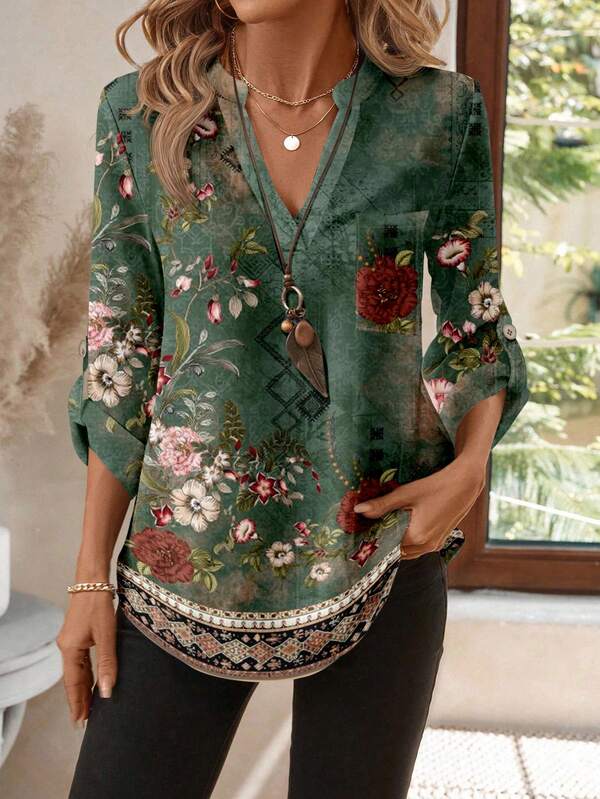 EMERY ROSE Blusa Feminina de Manga 3/4 com Decote Entalhe e Estampa Floral, Estampa Floral Vintage