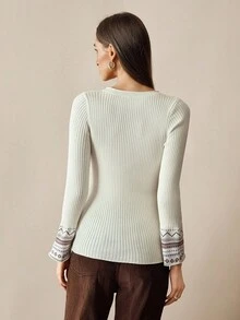Florisole Women's Buttoned Knit Top, Autumn/Winter Bohemian Fair Isle Pattern Slim Fit Pullover Sweater, Bohemian Style - Apricot - View 6