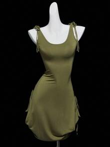 SHEIN ICON Backless Tie-Up Versatile Hem Mini Dress, Fitted - Dark Green - View 1