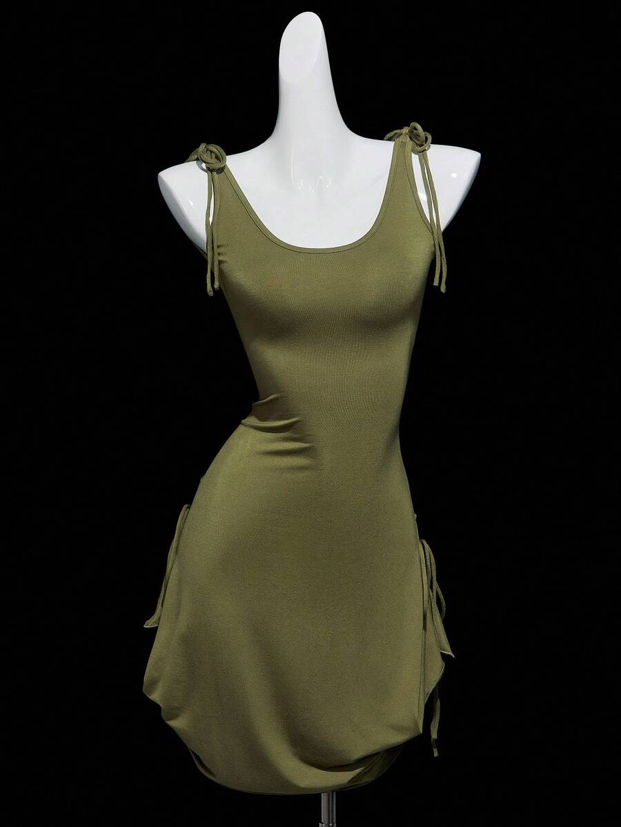 SHEIN ICON Backless Tie-Up Versatile Hem Mini Dress, Fitted - Dark Green - View 1