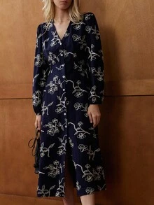 Écloséra 女士V领提花刺绣长袖连衣裙，时尚设计，秋季